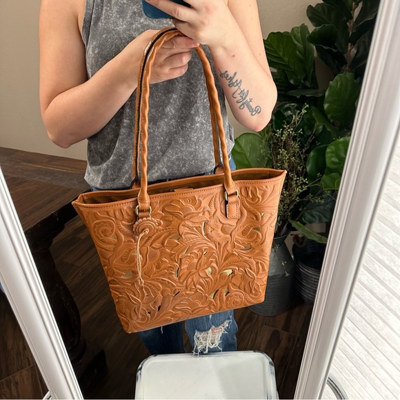 Adeline Cognac Tan Brown Gold Tooled Cutout Leather Satchel shoulder tote bag - Picture 11 of 16